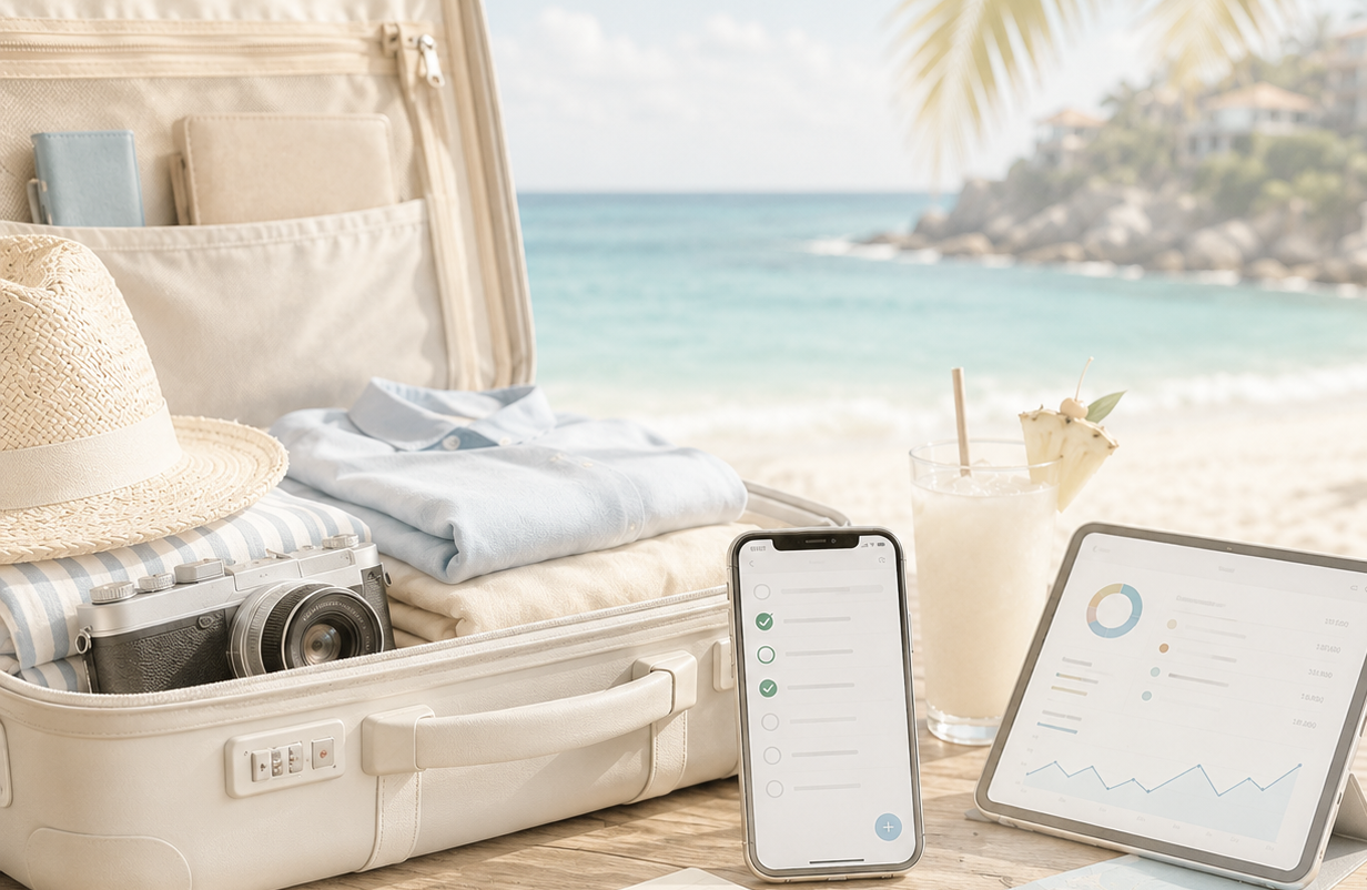 Valiz hazırlığı, çıkış kontrolü, harcama kontrolü ve uğrak noktaları bulunan Holiup Tatil Asistanı ekranı